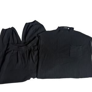 Anrabess Black, Sleeveless, Mockneck Ribbed Sweater, Jogger, Set- L